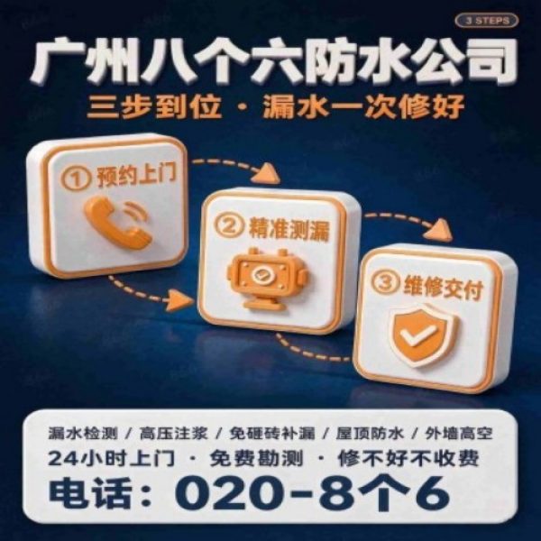 广州八个六防水补漏免砸砖修复服务宣传图